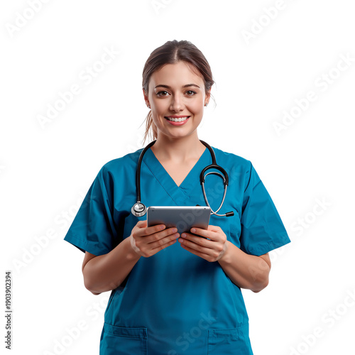 Nurse Stands With Tablet Ready to Assist Patients in a Healthcare Setting
