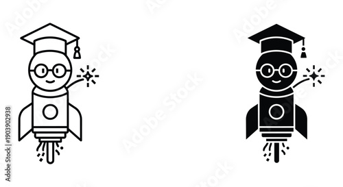 Graduation robot mascot celebrating success with diploma and stars isolated on white background