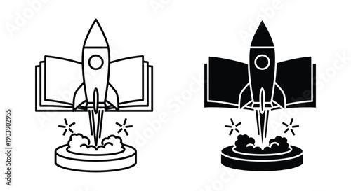 Minimalist rocket launch icons set isolated on circular base with smoke effects vector illustration
