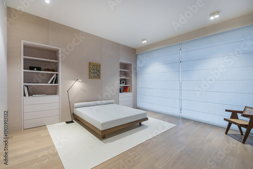 A bedroom features a bed without bedding, light wood flooring, and built-in bookshelves. A floor lamp provides light in the corner. A chair sits by the wall near a large window