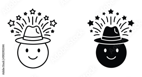 Smiling Faces with Hats and Stars Illustration Set, Black and White, Simple Design