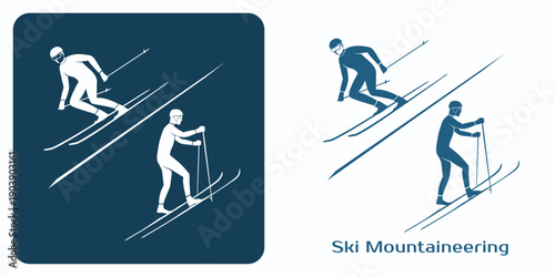 Winter Sport games, Ski Mountaineering. Two figures skiing downhill and climbing uphill with poles. Sport combining skiing and mountaineering for winter adventure and alpine activity.