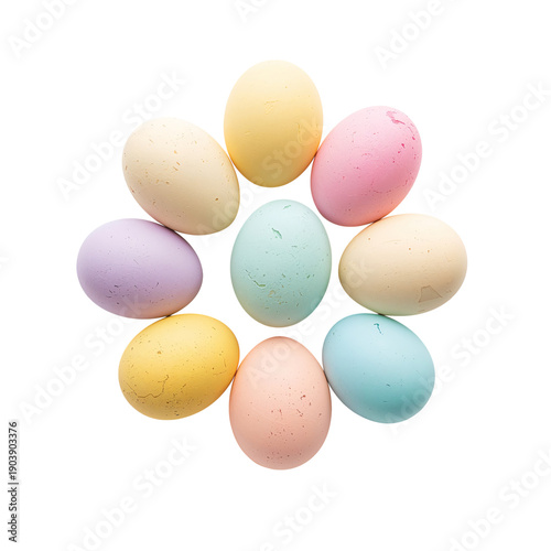 Colorful Eggs Arranged in a Circle on a White Background for a Spring Celebra...