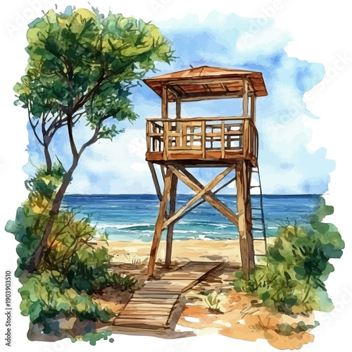 Lifeguard Tower Beach View, clipart vector in watercolor style with flowing brushwork, isolated on a white background.