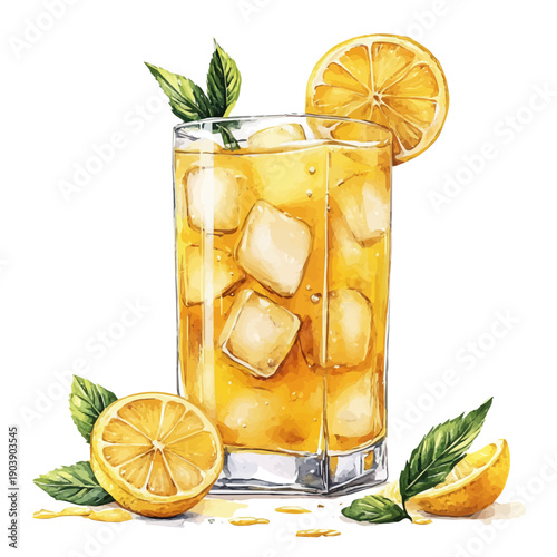 watercolor of Lemonade Glass Summer Refreshment, vector, isolated on a white background.