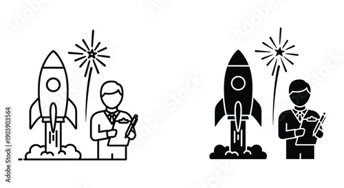 Businessman Launching Rocket Illustration, Innovation and Success Concept, Black and White Style