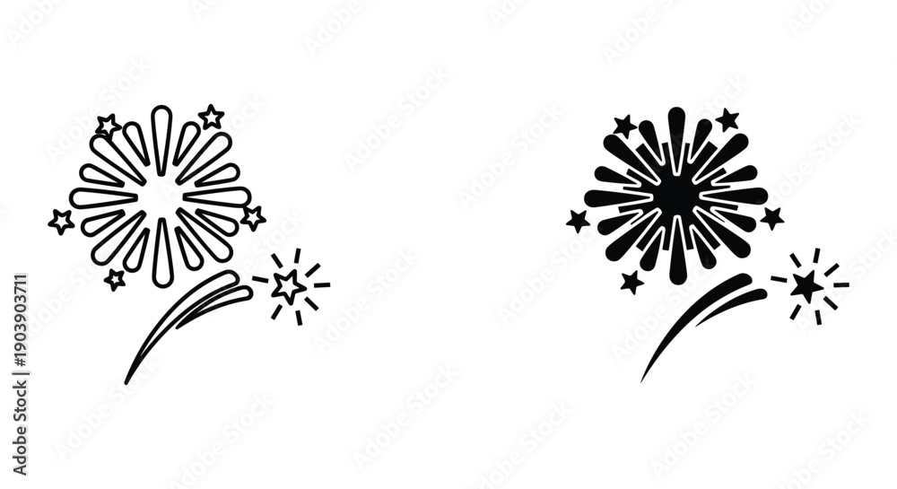 Obraz premium Fireworks Exploding with Stars in Simple Black and White Illustration