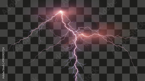 Lightning Bolt realistic natural electricity discharge element effect striking transparent overlay with powerful red glowing center.