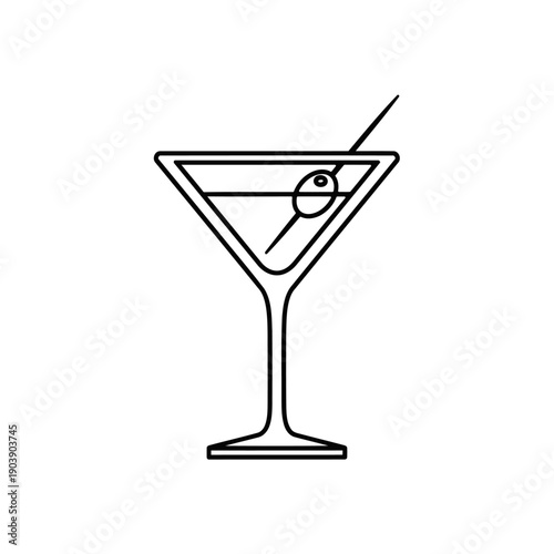 Minimalist martini glass line art olive cocktail nightlife icon vector