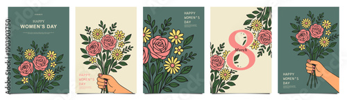 Set of women’s day greeting card designs with hand drawn spring flowers for holiday greetings, posters, stationery, social media, and branding use - Vector illustration pack
