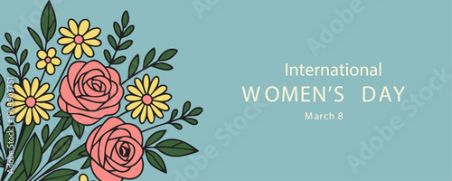 Vintage inspired spring floral horizontal background with tulips and mimosa for women’s day celebration, marketing, and digital content