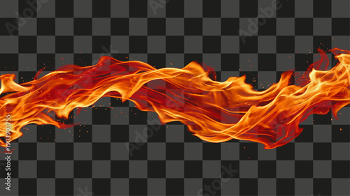 Burning Flame horizontal stream element with dynamic swirling red orange and yellow colors on transparent isolation