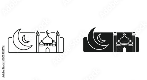 Mosque Icon with Crescent Moon Symbol in Minimalist Design