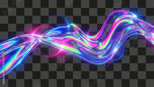 Holographic Wave fluid neon light stripe glowing iridescent texture winding across transparent canvas background