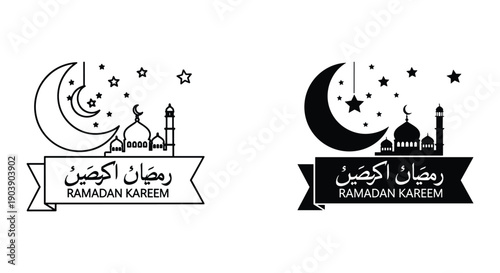Ramadan Kareem Vector Illustrations with Mosque and Crescent Moon