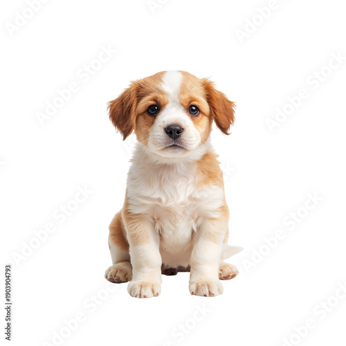 Cute Puppy Sitting on a White Background With a Serious Expression Looking at...