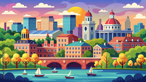Very beautiful panoramic view of the Charles River with colorful domes of Harvard University buildings, capturing harmony between historic academic architecture and the surrounding natural landscape.