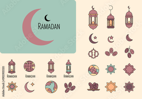 Celebrate Ramadan with vibrant lanterns and symbols, perfect for cultural events and festive decorations.