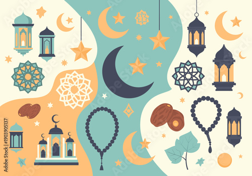 Celebrate Ramadan with vibrant lanterns and dates, perfect for festive decorations and cultural events.