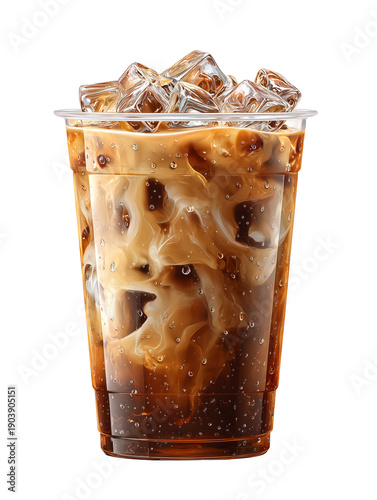 Take away cold ice coffee latte in transparent pvc cup, layered, vivid brown color, clear ice cubes. Png design object, cut out, isolated, transparent background, front view.
