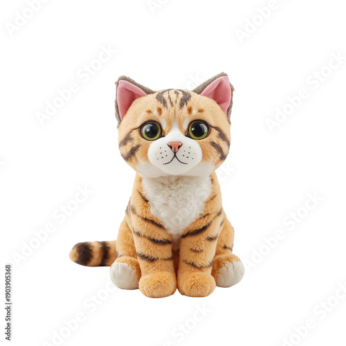 Cute Stuffed Animal Cat Sitting on a Plain Background, Showing Details of Its...