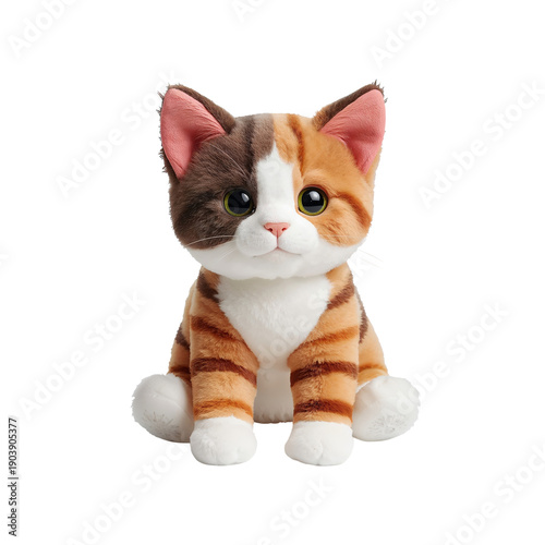 Cute Stuffed Animal Cat Sitting on a Plain Background, Showing Details of Its...