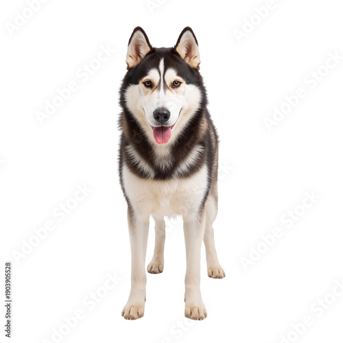 Siberian Husky With Blue Eyes Sits and Smiles in a Studio Setting During Daytime
