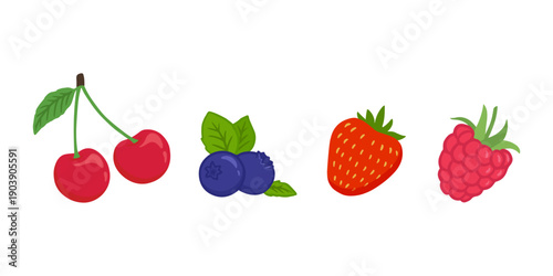 set of berry in flat style isolated on white background.Raspberry, strawberry, cherry, blueberry. Berry for menu, label, recipe, farm product packaging. Vector illustration