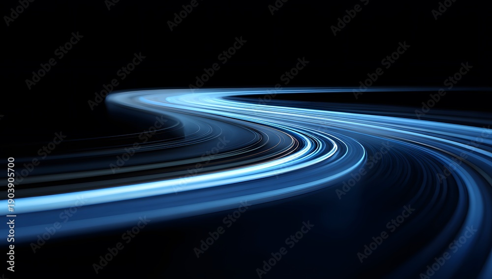 Fototapeta premium Abstract image of a glowing blue road against a black backdrop. The path curves, suggesting movement and speed