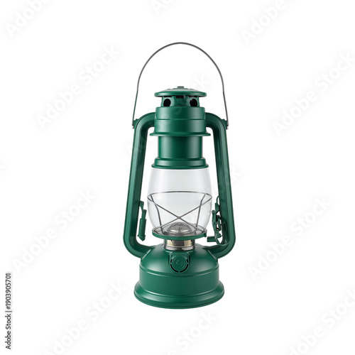 Green Lantern Sits on Table With Clear Glass and Black Background in Simple D...