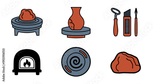 Pottery creation process depicted through various stages and tools on a simple white background from a straightforward viewpoint illustrating craft