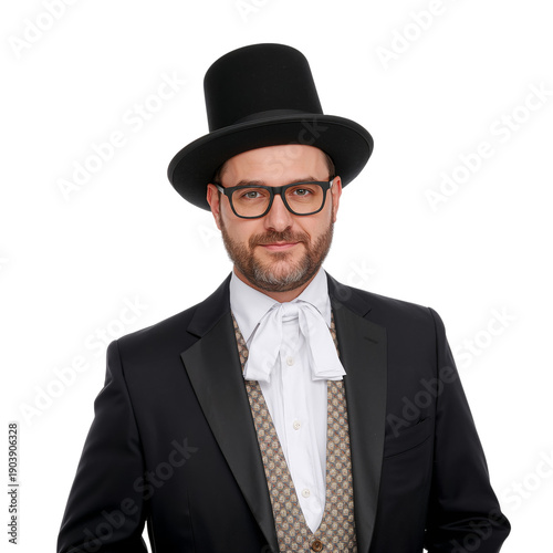 Man in a Black Top Hat and Formal Attire Poses for a Picture in a Studio Setting