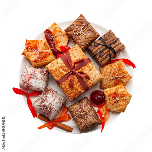Various Wrapped Desserts Displayed on a White Plate With Colorful Ribbons and...