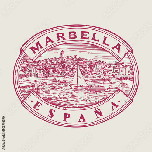 Badge of the city of Marbella in Spain, city scene with the port.