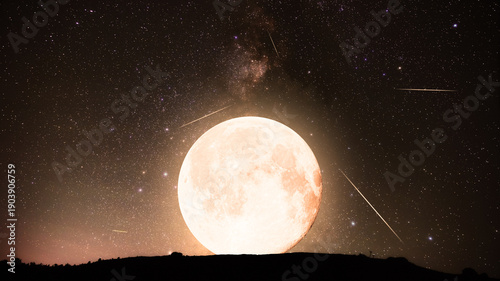 Tableau sur toile Blue hour time with lunar eclipse, stars and planets above landscape silhouettes