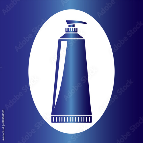 Blue gradient tube with pump dispenser, centered in a white oval on a dark blue background, signifying lotion or soap Vector