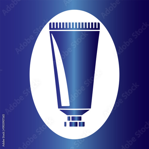An elegant graphic illustration of a white tube with a screw cap, set within a bright white oval on a deep blue gradient background Vector