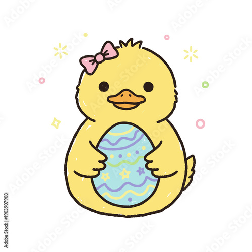 Cute yellow chick holding decorated Easter egg with bow on Easter Sunday 