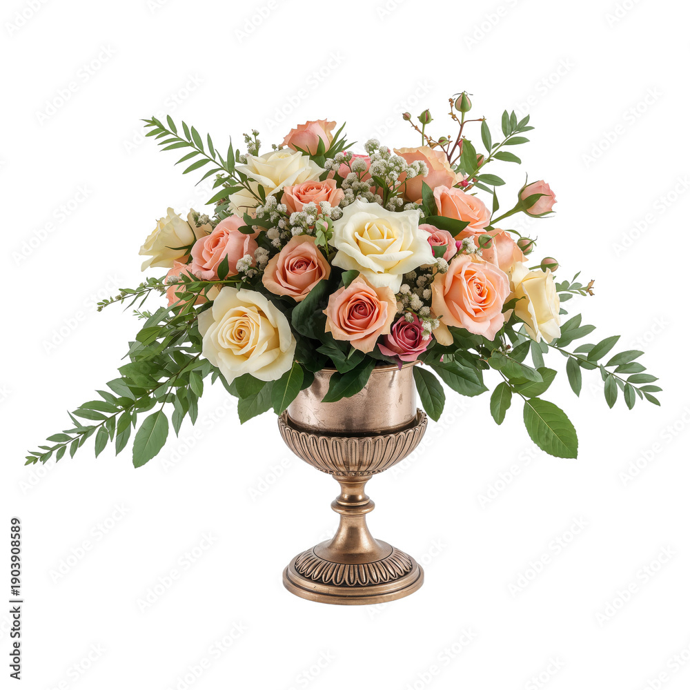 Obraz premium Bright Arrangement of Roses in a Decorative Vase on a White Background