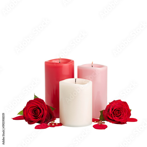 Three Candles and Red Roses Arranged on a White Background for a Celebration ...