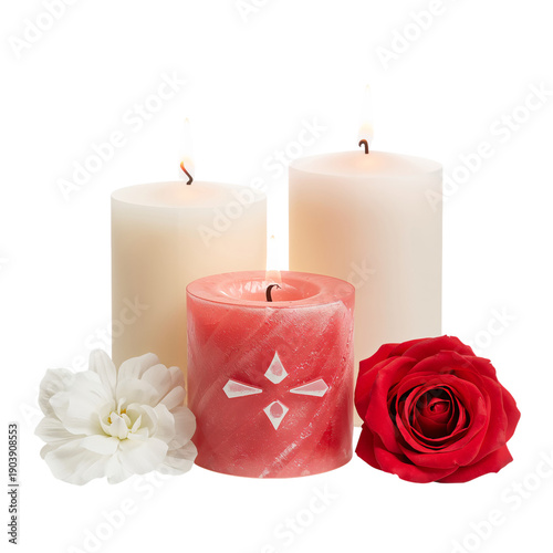 Three Candles and Red Roses Arranged on a White Background for a Celebration ...