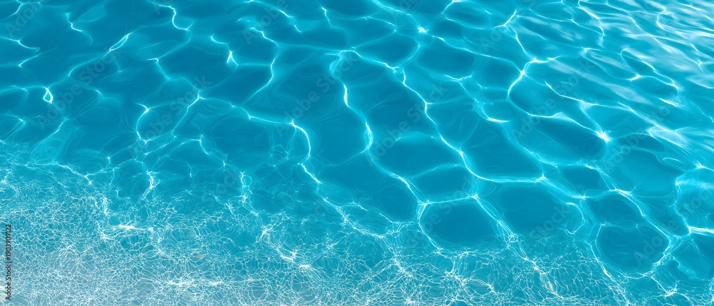 Obraz premium Crystal clear turquoise water ripples gently, creating intricate patterns on the surface. Sunlight reflects brightly, enhancing the blue hues and adding a serene, inviting feel