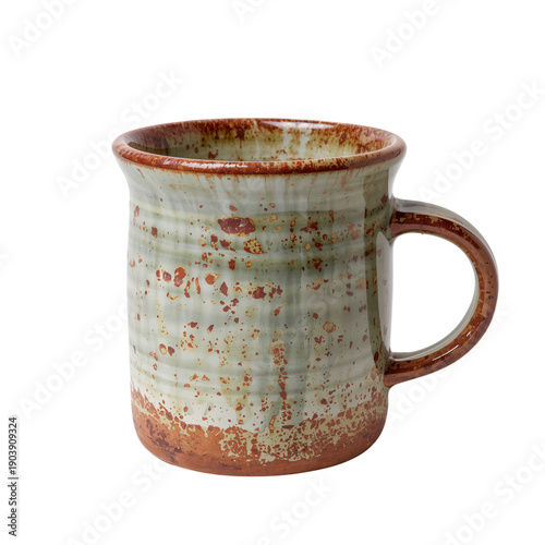 Handmade Ceramic Mug With Blue and Brown Design on a Plain Background