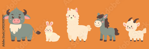 Cute farm animals set with bull rabbit alpaca donkey and goat vector illustration.