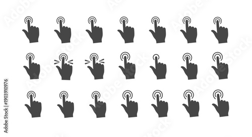 Hand cursor icons show various tapping and clicking.