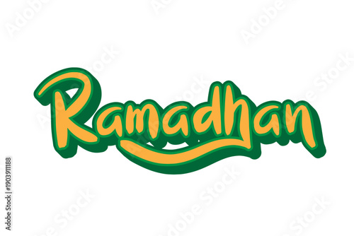 Flowing "Ramadhan" script in green and yellow. A thematic design for the holy month, fasting season, and Islamic spiritual content