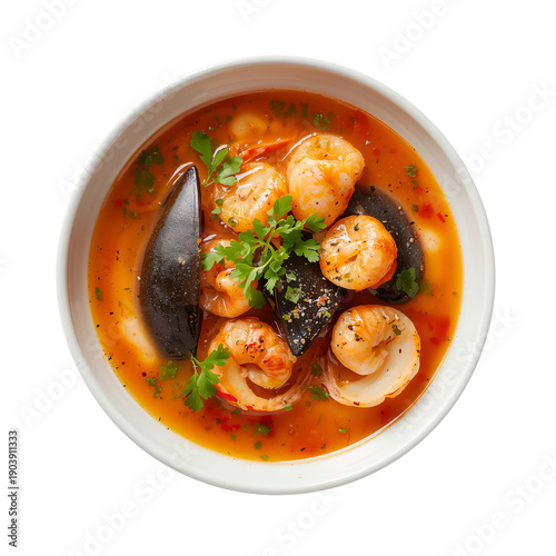 Seafood Soup Served in a White Bowl With Shrimp, Mussels, and Herbs in a Rich...