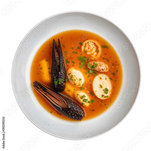 Seafood Soup Served in a White Bowl With Shrimp, Mussels, and Herbs in a Rich...