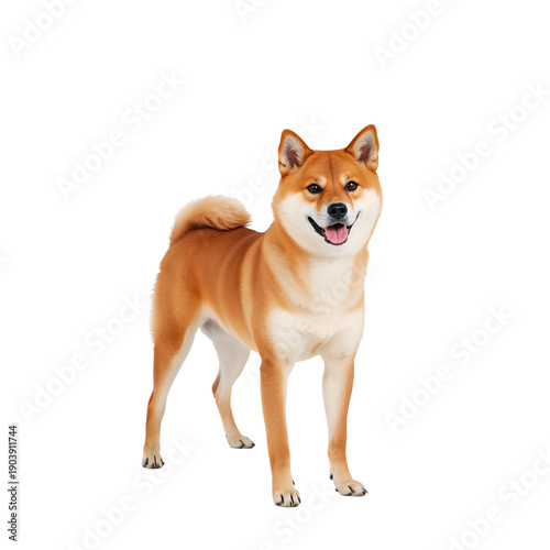 Shiba Inu Stands on a White Background With a Happy Expression in a Studio Se...