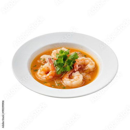Bowl of Shrimp in Sauce With Herbs Served on a White Plate